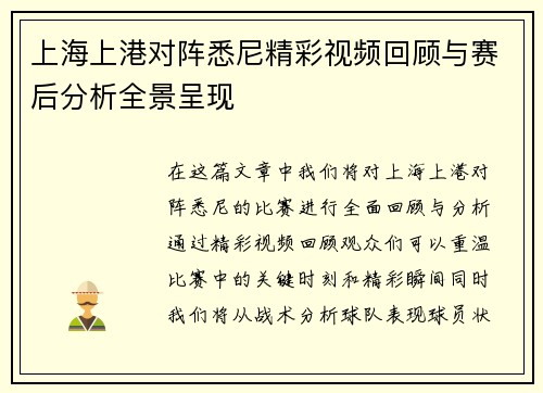 上海上港对阵悉尼精彩视频回顾与赛后分析全景呈现