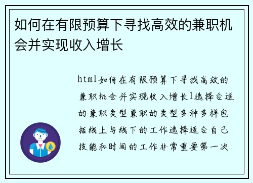 如何在有限预算下寻找高效的兼职机会并实现收入增长
