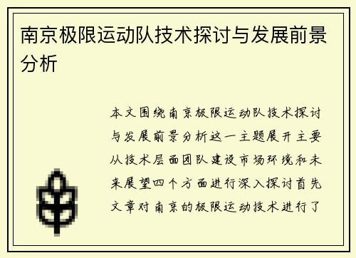 南京极限运动队技术探讨与发展前景分析