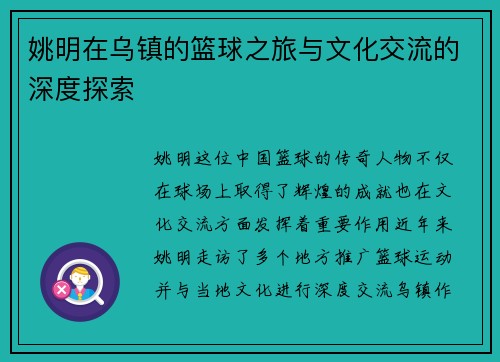 姚明在乌镇的篮球之旅与文化交流的深度探索