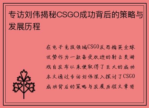专访刘伟揭秘CSGO成功背后的策略与发展历程
