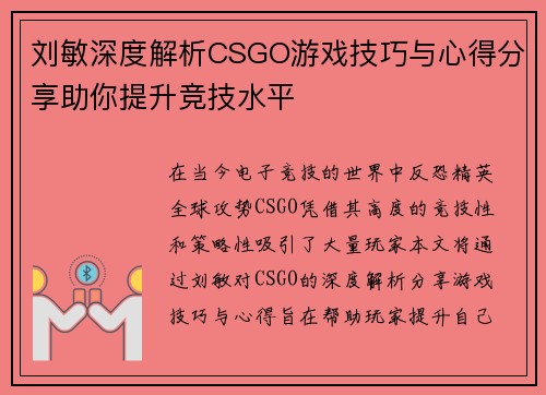 刘敏深度解析CSGO游戏技巧与心得分享助你提升竞技水平