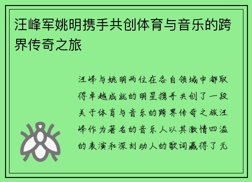 汪峰军姚明携手共创体育与音乐的跨界传奇之旅