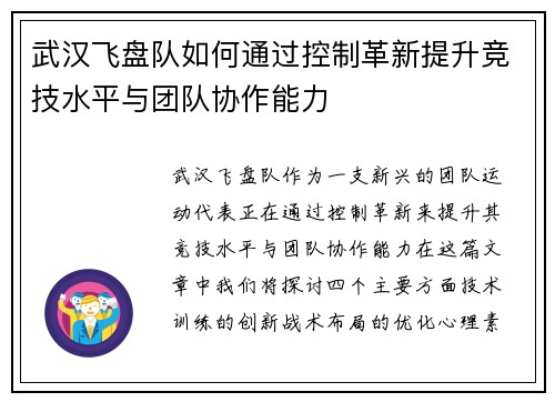 武汉飞盘队如何通过控制革新提升竞技水平与团队协作能力