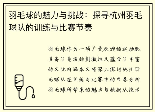 羽毛球的魅力与挑战：探寻杭州羽毛球队的训练与比赛节奏