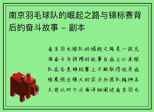 南京羽毛球队的崛起之路与锦标赛背后的奋斗故事 - 副本