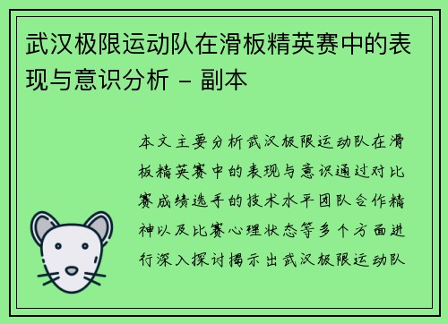 武汉极限运动队在滑板精英赛中的表现与意识分析 - 副本