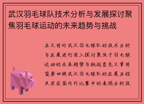 武汉羽毛球队技术分析与发展探讨聚焦羽毛球运动的未来趋势与挑战