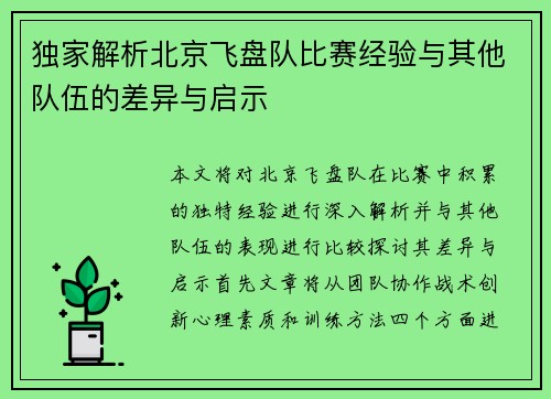 独家解析北京飞盘队比赛经验与其他队伍的差异与启示